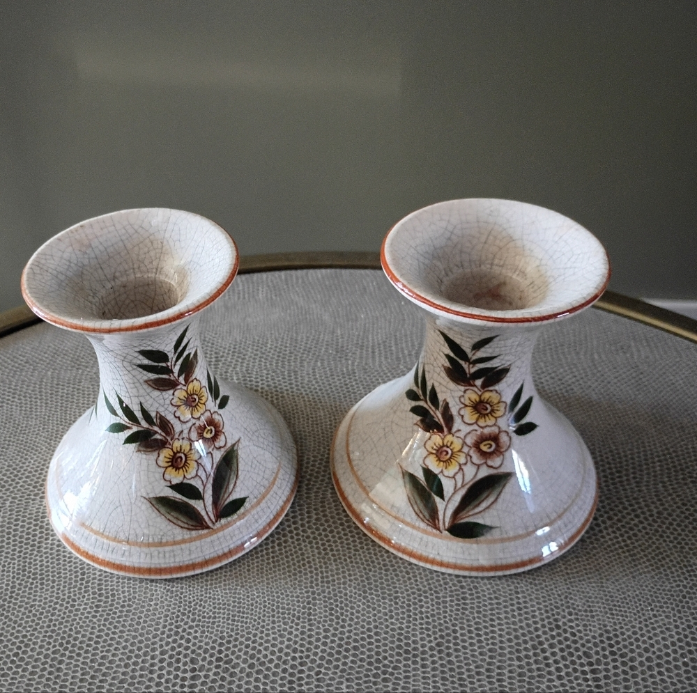 Vintage 1970s Floral Crackle Glaze Candle Stick Holders Set Of 2